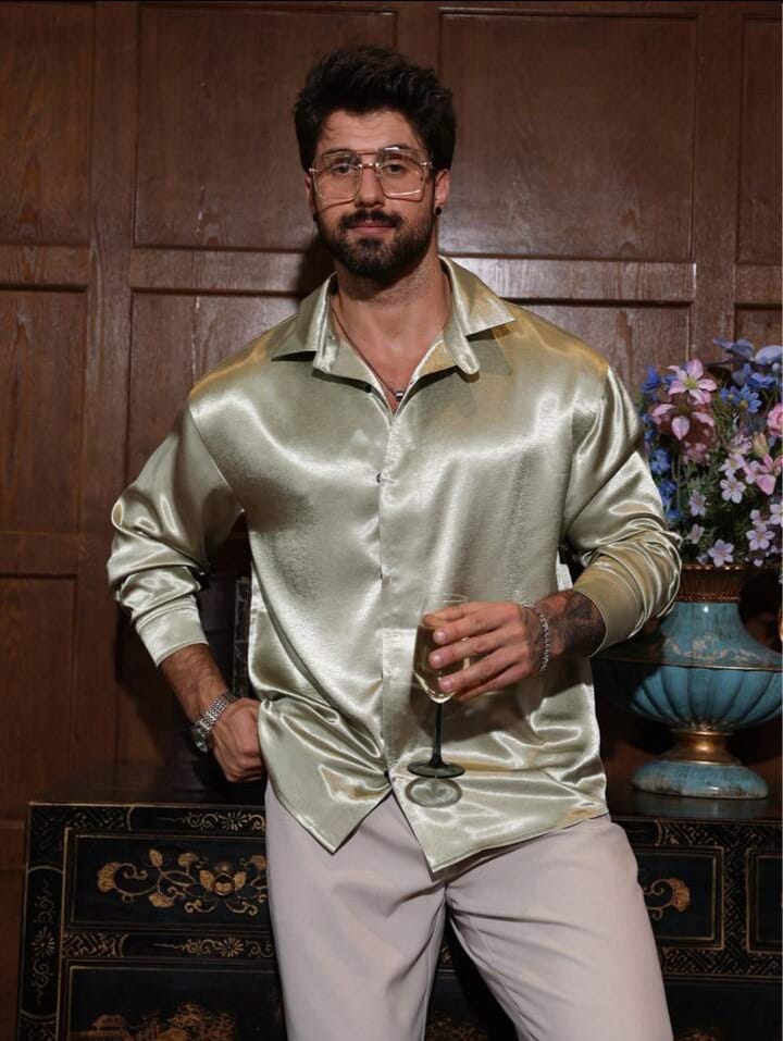 Men's Solid Green Casual Party Shirt, Spring/Summer Long Sleeve